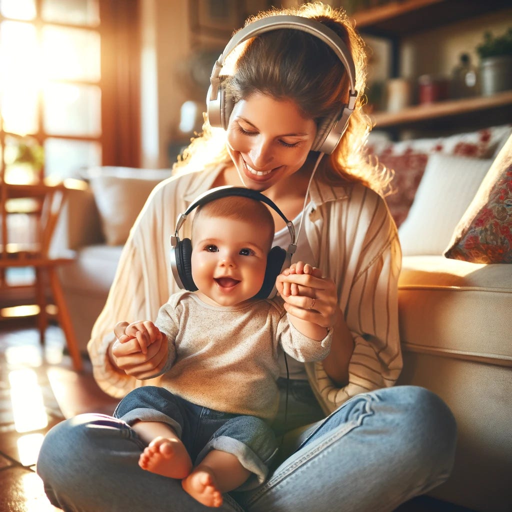 A joyful image of an 18-month-old baby listening to music with their mother in a warm, sunlit living room. The mother is sitting with her legs crossed, holding the baby comfortably in her lap. She has headphones on her ears, and one earpiece is gently placed near the baby's ear, sharing the experience of the melody. Both mother and baby have happy, content expressions, with the baby's tiny hands reaching out towards the headphones, intrigued by the sounds. The living room is filled with a homely decor, plants, and soft cushions, creating a cozy and musical atmosphere for this special bonding moment.