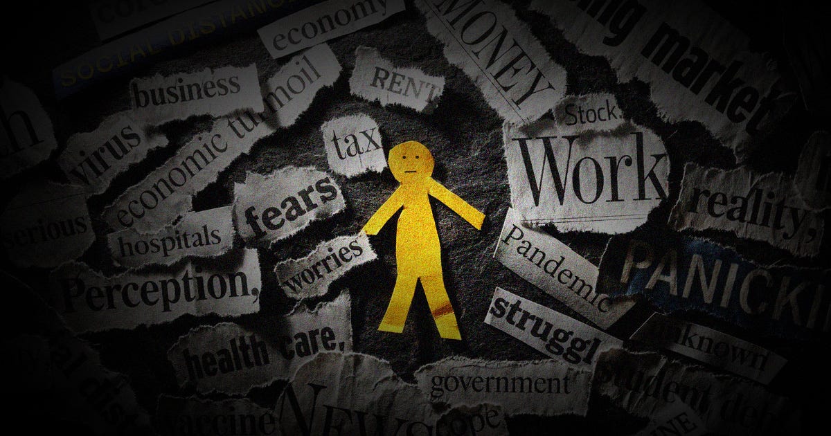 Moody collage with a pensive yellow cut out paper figure surrounded by words torn from newspaper like fears, anxiety, rent and work.