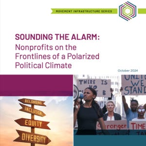 The cover of a report shows a Black femme leading a march with a megaphone and signs pointing to different directions like Diversity, Equity, and Inclusion.