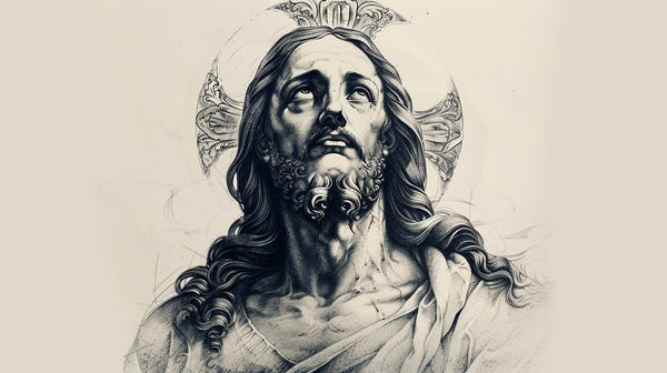 Grayscale Jesus portrait tattoo blueprint.