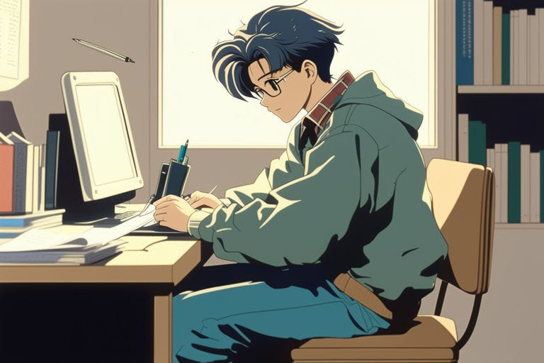 Prompt:  style of 90's vintage anime, boy, study, student,  sit at the chair, study hard using computer, write a note, clearly, beautiful sky, perfect sky