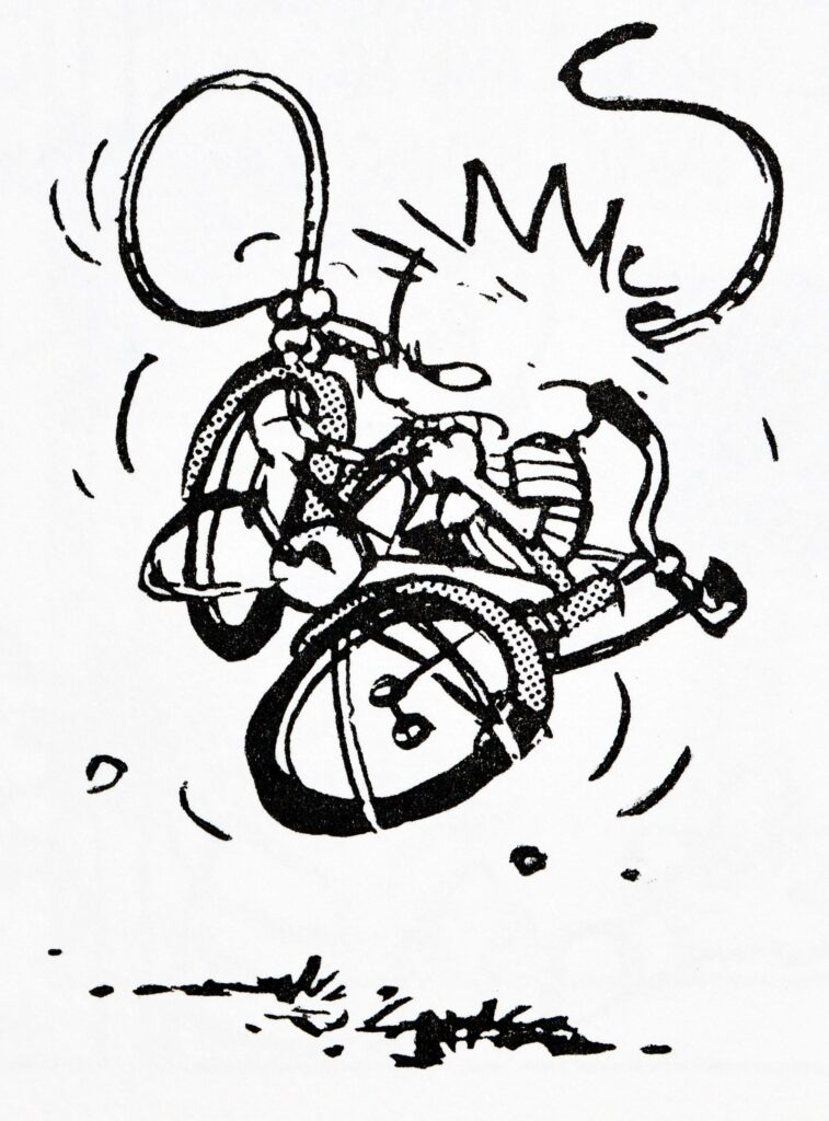 Calvin, from the Calvin and Hobbes comics, fighting with his bicycle