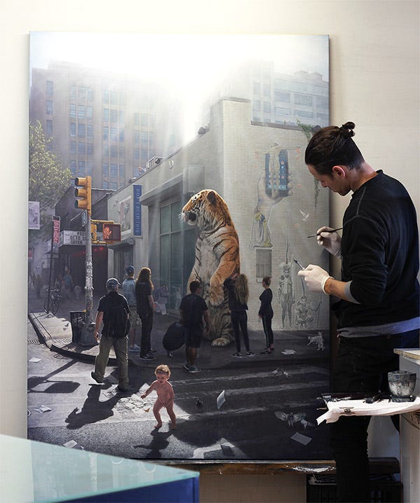 Joel Rea from Beautiful Bizarre Magazine. A man paints a picture of people crossing the street. A full size tiger stands at the traffic light and a naken baby runs into the crosswalk