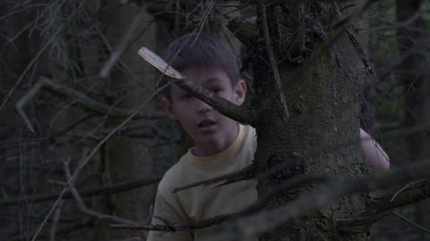 frightened cautious boy hiding behind a tree in a terrible dry forest