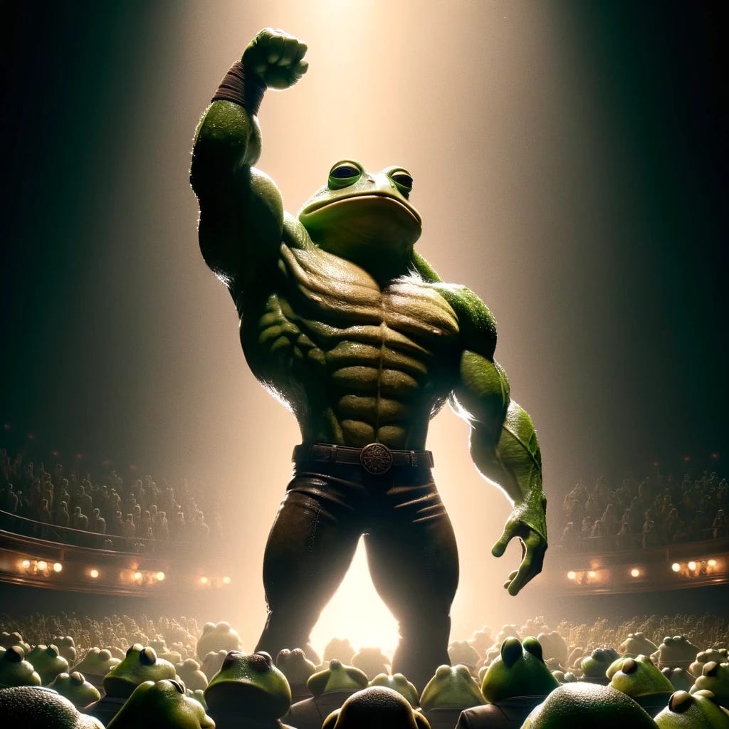 Enhance the image to portray the main anthropomorphic frog on stage as even more formidable and imposing. This frog now stands taller and more muscular, with an intense, commanding presence that radiates authority. His arm raised in the air not only signifies triumph but also exudes a powerful aura that demands respect. The audience of other frogs remains, their expressions of fear and apprehension intensified by the main frog's increased formidability. The stage lighting focuses sharply on the main frog, casting dramatic shadows that accentuate his powerful physique and bold stance, further heightening the contrast between him and the visibly overwhelmed audience.