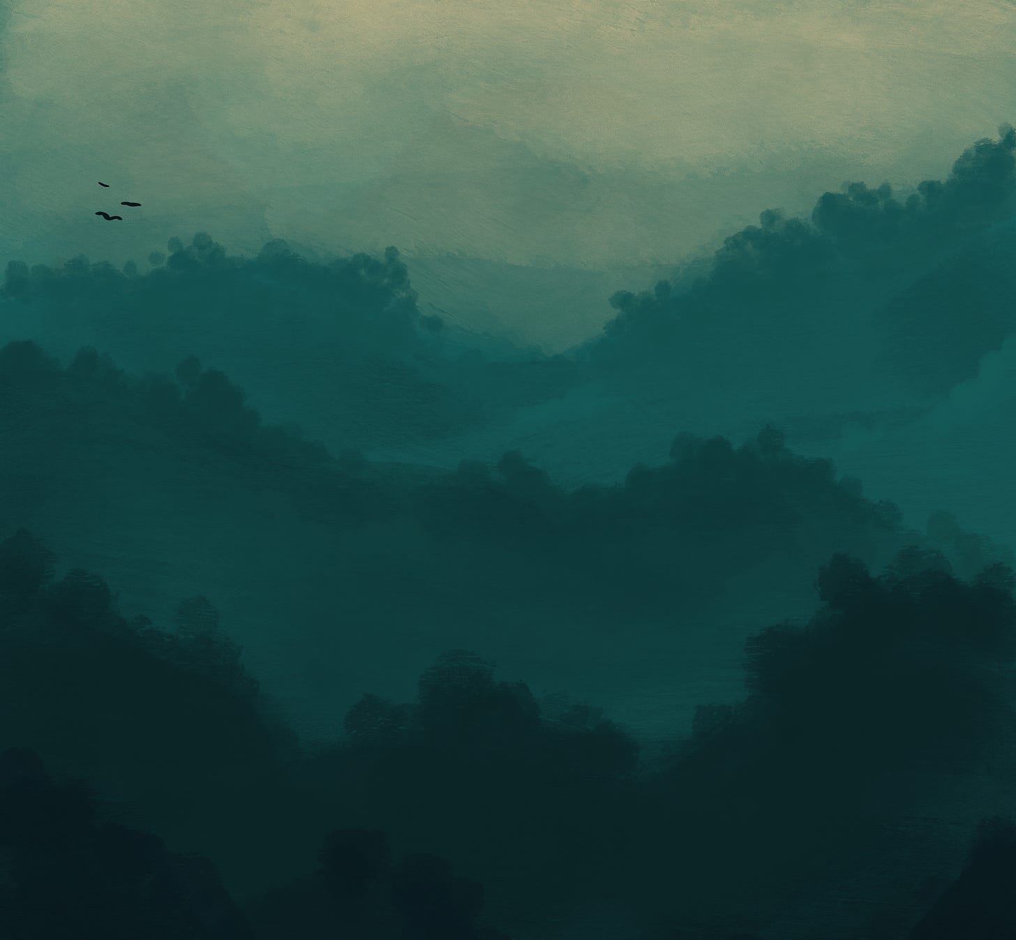 A digital painting of a forested mountains and hazy sunlight.