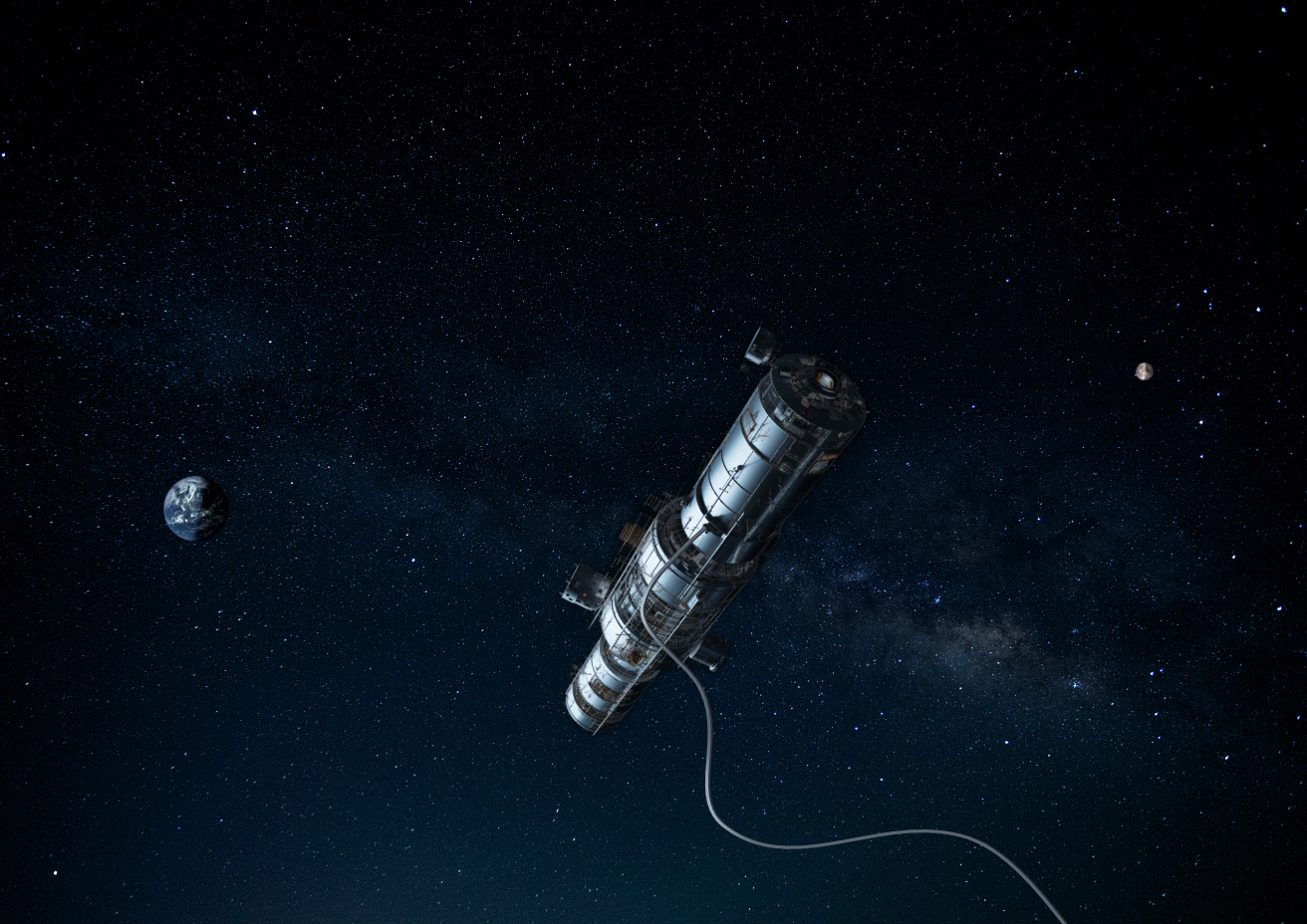 A cylindrical station in space with a single cable going to it and the earth and moon far in the distance