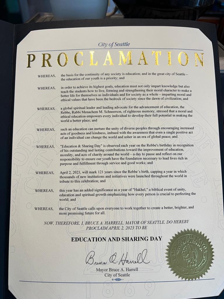 Proclamation Rebbe Seattle Education Day Chabad