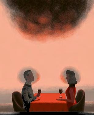 Couple sitting at table and clouds. Illustration by Paul Blow. Reproduced from Noble Rot issue 32 with permission.
