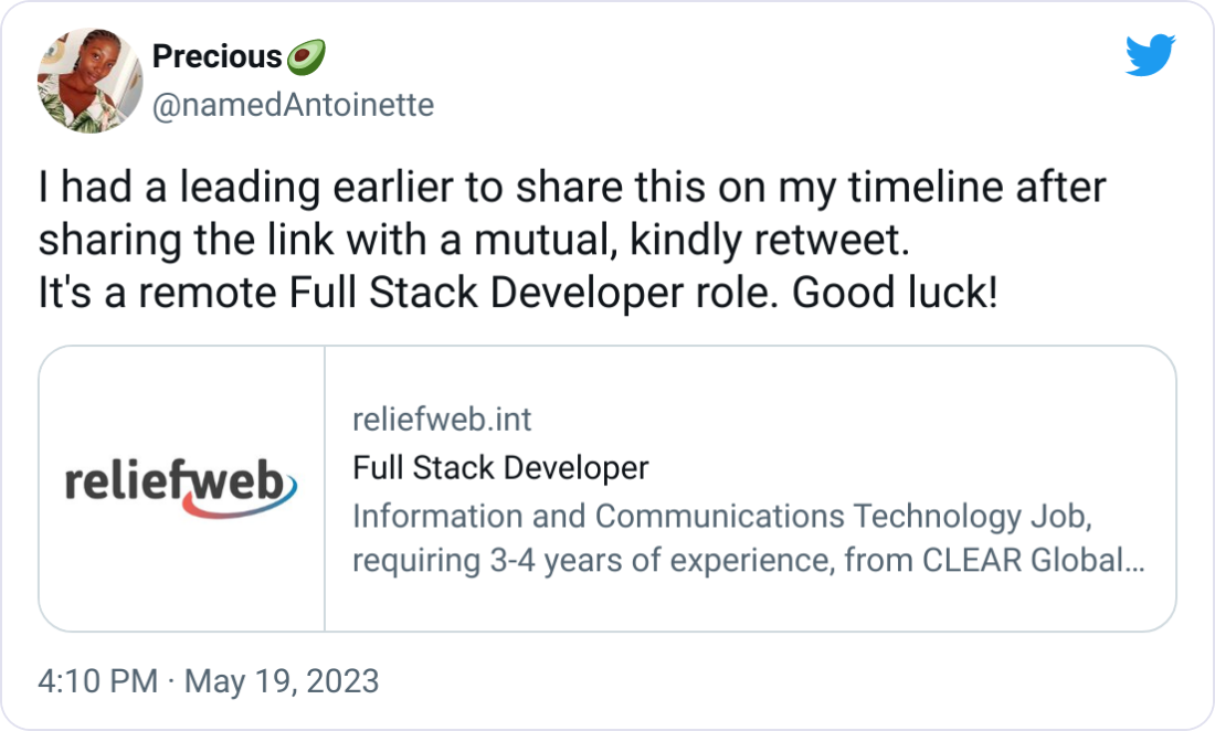 Precious🥑 @namedAntoinette I had a leading earlier to share this on my timeline after sharing the link with a mutual, kindly retweet. It's a remote Full Stack Developer role. Good luck!