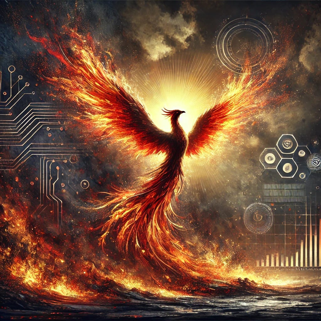 A dramatic, symbolic scene featuring a vibrant phoenix with fiery reds, oranges, and golds majestically rising from a bed of smoldering ashes. In the foreground, subtle elements of modern technology and business emerge from the ashes, including a sleek glass-walled startup office building and abstract circuit board patterns. The background transitions from dark, charred tones at the base to a brighter, hopeful sky overhead, symbolizing new beginnings and resilience. The mood is intense yet uplifting, capturing the essence of transformation and innovation.