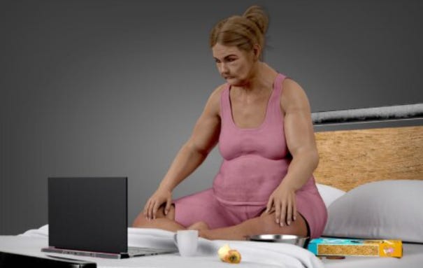 A 3D rendering of a sloppy, overweight futuristic remote employee