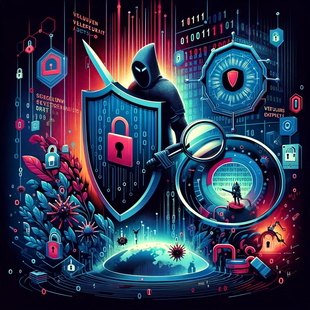 The image is for a cybersecurity newsletter featuring the latest trends in vulnerabilities and exploits. The design should encapsulate the essence of cybersecurity defense, with digital motifs such as locks, shields, binary code, and possibly a knight as the protector of the digital realm. The background should be a mix of dark and vibrant colors, symbolizing the ongoing battle between security professionals and cyber threats. Visual elements like a magnifying glass inspecting code, a shield blocking a virus, and a digital landscape with zeros and ones cascading in the background should be included. The overall feel should be dynamic and engaging, conveying a sense of vigilance and proactive defense against cyber threats. This image will serve as the header for a cybersecurity newsletter, aimed at informing and empowering its readers with knowledge on how to safeguard against digital vulnerabilities and exploits.