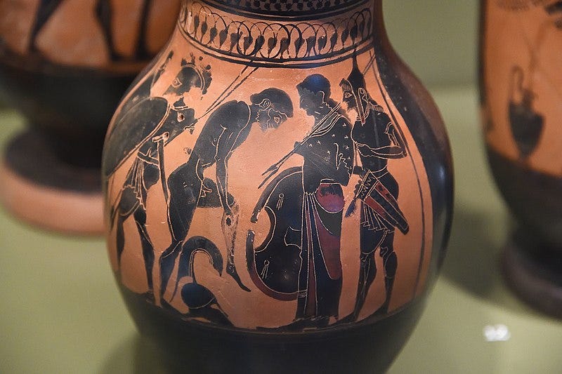 Olpè (wine jug) showing the Greek hero Achilles receiving his armour from his mother Thetis. 