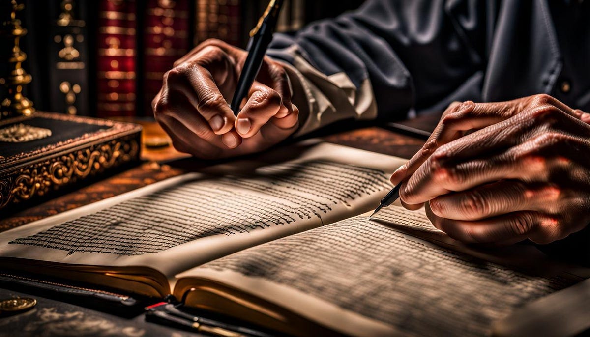 Hand with pen, writing in book