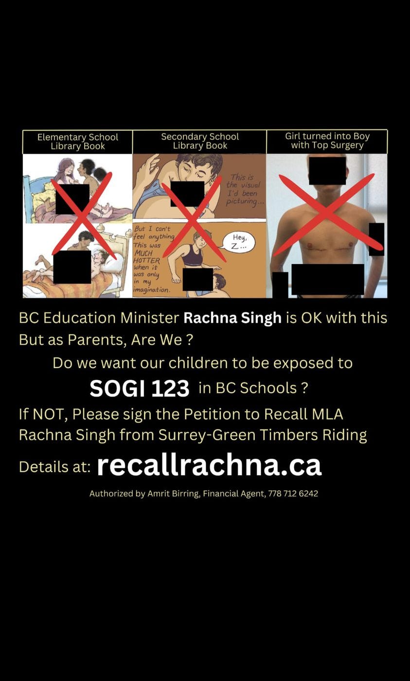 May be an image of 1 person and text that says 'ElementarySchoo brary Book Secondary ibrary Book Girltur GirlturnedoBoy con't HOTTER Hey, Z... BC Education Minister Rachna Singh is OK with this But as Parents, Are We Do we want our children to be exposed to SOGI 123 in BC Schools? If NOT, Please sign the Petition to Recall MLA Rachna Singh from Surrey- Green Timbers Riding Details at: recallrachna.ca Û2 Authori Amrit zedyAr ng,Fnan Agent 87126242'
