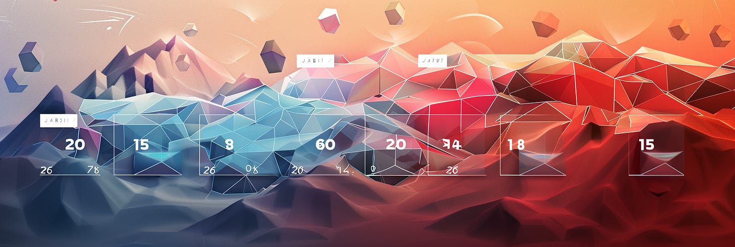 Abstract 3D landscape with geometric mountains in blue and red hues, overlaid with transparent boxes containing various numbers like 20, 15, 8, 60, 20, 74, 18, and 15. Floating cubes and irregular shapes are scattered throughout the scene, adding to the futuristic, data-driven visual style.