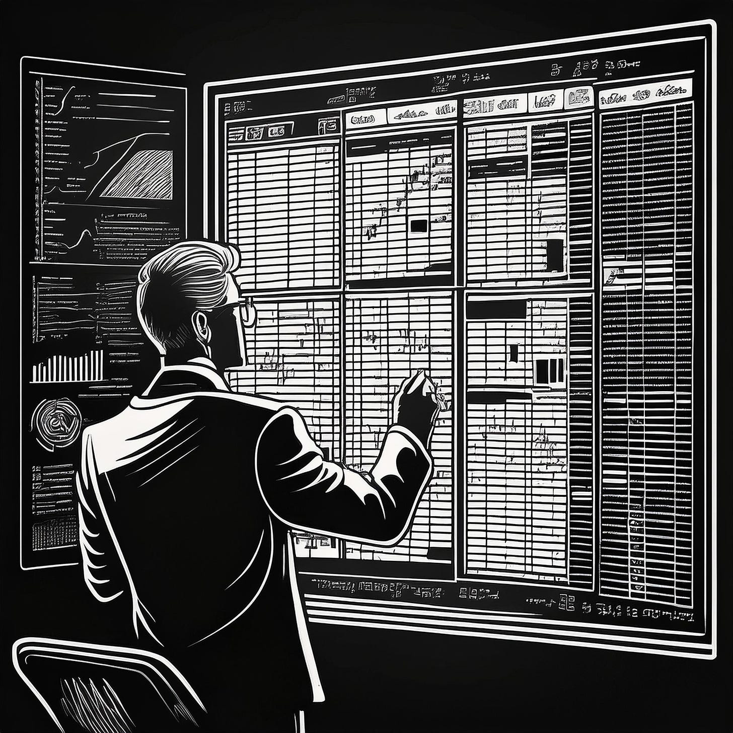 Black and White Sketch of a Businessman Studying Spreadsheets