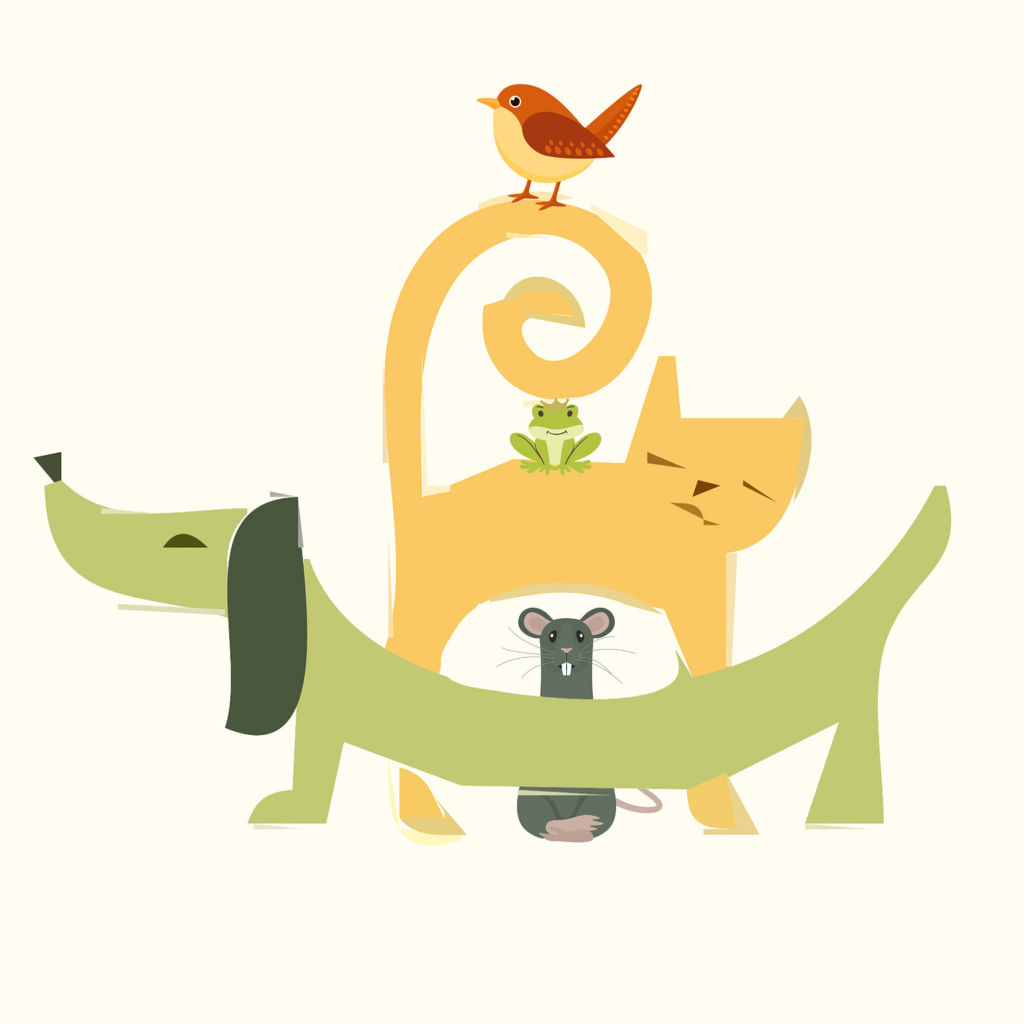 An illustration with a bird, cat, mouse, frog and dog