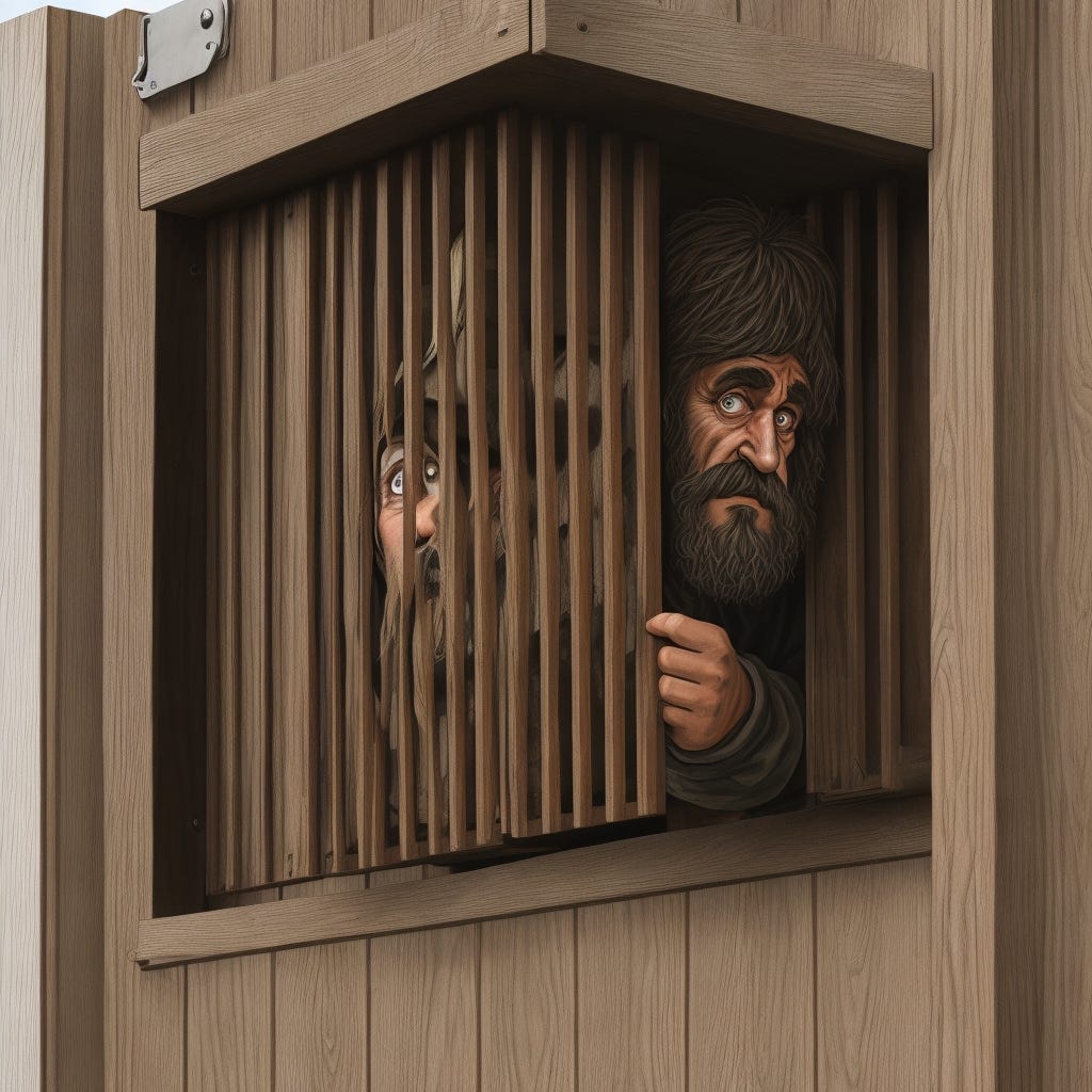 Caricature of a scared European peasant hiding in a shipping crate, peering out through the slats