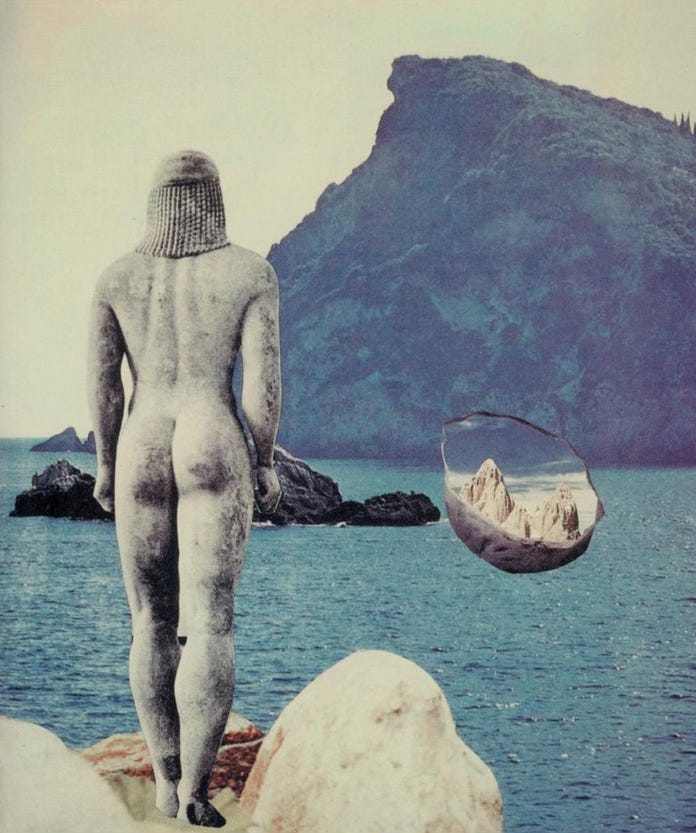 A collage by Odysseas Elytis. The background image is a photograph of a bay with small rocky outcroppings overlooked by an island mountain. The sea is blue-green with tiny wind-ruffled waves. Collaged over the image of the bay is a greek kourous figure, seen from behind, standing on rocks and looking out over the water.  To the side of the figure is a small floating cup or shell which holds another image of mountains and sky.