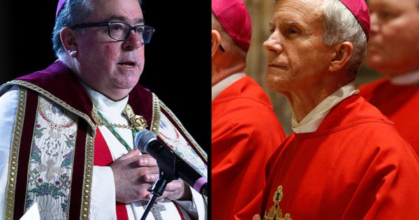 From left: Bishop Michael Olson of Fort Worth, Texas, in a 2018 photo; Bishop Joseph Strickland of Tyler, Texas, in a 2020 photo (CNS photos/Tyler Orsburn/Paul Haring)