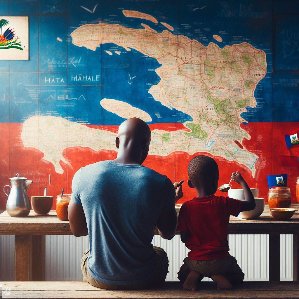 Black bald father in his 30s with his son looking at a huge map of Haiti on the wall. while they eat a bowl of soup joumou. The view is from behind we can not see their faces. A haitian flag is clearly visible.   --- s 750 -- v6.0 style raw