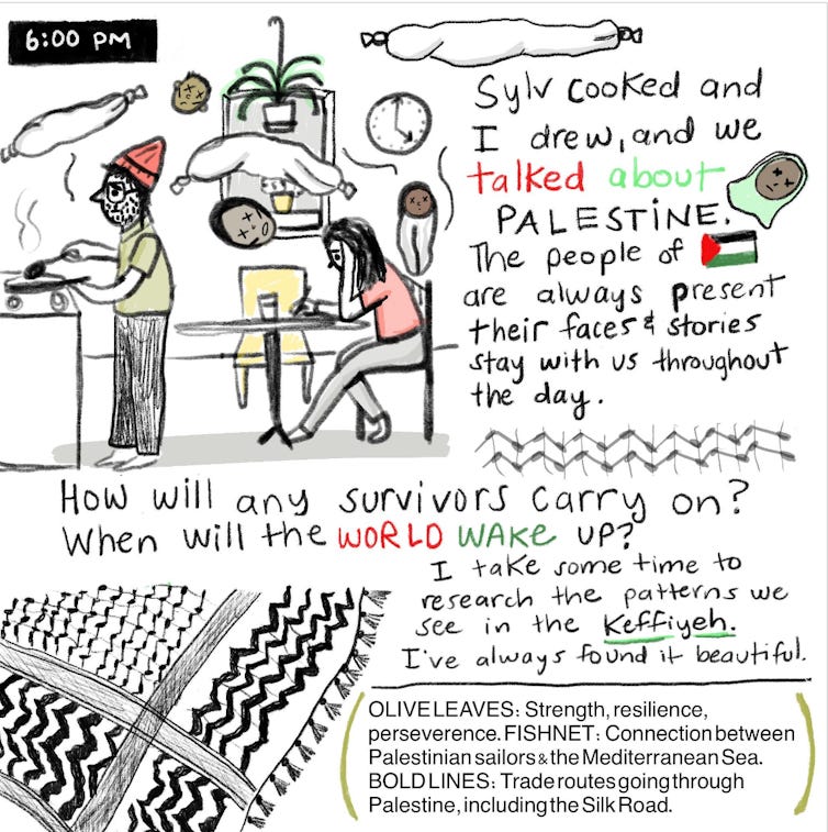 A single panel comic set in a kitchen. A man is cooking at the stove and a woman is sitting leaned over at a table. Handwritten text reads explains that the artist and her family are always thinking about the people in Palestine. A single panel comic set in a kitchen. A man is cooking at the stove and a woman is sitting leaned over at a table. Handwritten text reads explains that the artist and her family are always thinking about the people in Palestine.