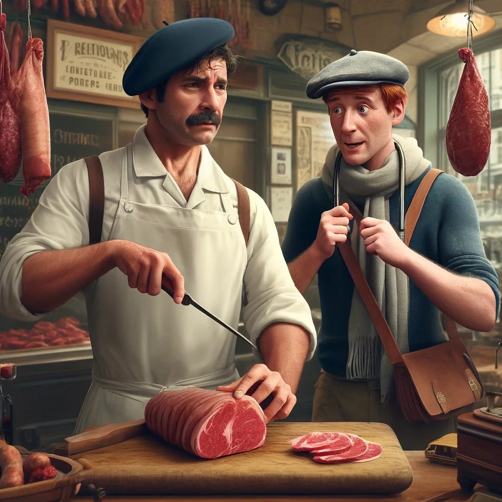 In this French butcher's shop scene, the butcher, in a white apron and beret, appears agonized, reflecting the difficulty of cutting the loin of filet. His expression and posture show a mix of concentration and frustration, highlighting his expertise. He gestures with his finger, indicating the width of the cut. The tourist, now in their mid-40s with red hair, appears younger and more energetic, showing curiosity and confusion in this foreign setting. Instead of a camera, the tourist is holding a shopping list, emphasizing their intention to purchase and adding a more practical element to their role as an outsider. The shop's background maintains its vintage French decor with hanging sausages, cured meats, and traditional butchery tools, as well as rustic elements like a wooden counter and antique scales. Subtle cues of options and portfolio theory, like charts or graphs, are integrated into the decor, emphasizing strategic decision-making and choice.