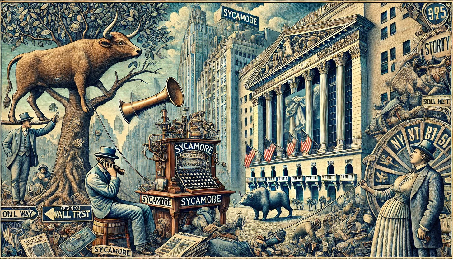 A richly detailed, horizontal illustration of news being transmitted via an old-fashioned telegraph wire. The scene integrates stock market symbols such as a bull and bear, a Wall Street sign, stock charts, and the NYSE building in the background. The word 'Sycamore' is subtly displayed on the telegraph machine. A sycamore tree dominates one corner, with a small figure of Zacchaeus from the Gospel of Luke perched on a branch, observing the scene. A subtle roulette wheel is blended into the composition, adding an element of chance. The overall tone is a mix of historical and financial themes.