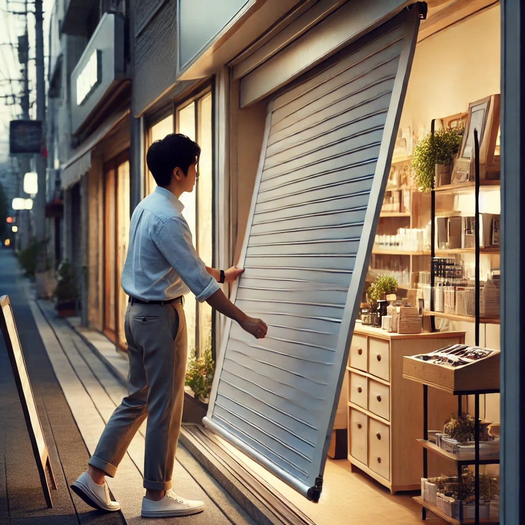 A shopkeeper in a casual outfit pulling down the shutter of a small retail store. The scene shows the shopkeeper in the act of closing the store for the day, with the shutter halfway down. The store is simple, with a few items on display, and the shopkeeper is standing in front of the shutter with a focused expression. The background shows the exterior of a street, with soft evening lighting and a calm, quiet atmosphere.