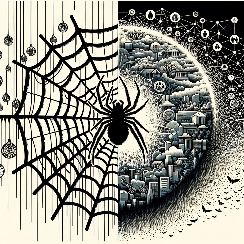 Vector art of a large web with a spider at its center. Slowly, from the edges, the web is being unraveled and transformed into threads that weave together images of cities, families, nature, and economic symbols. The transformation illustrates the shift from a purely biomedical view to incorporating sociocultural and environmental aspects.