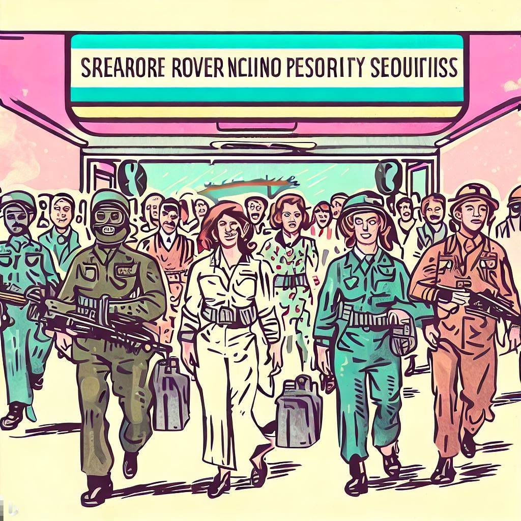 A shopping mall with a lot of armed guards afraid of everything, cartoon, parody, 1950s style