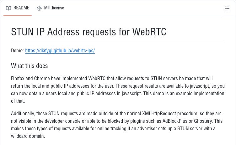 Screenshot from Daniel Roesler's github that explains what Javascript code can do to determine your local (ISP facing) IP address