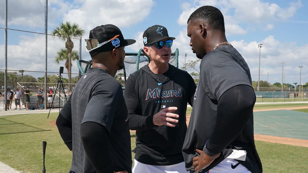 Luis Arraez (L) and Jorge Soler (R) chat with hitting coach Brant Brown (middle)