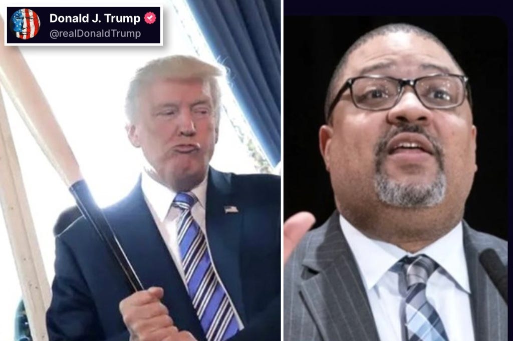 Two photos: on the left, Trump holding a baseball bat with lips pursed as if ready to swing; on the right, a photo of the head and shoulders of SDNY DA Alvin Bragg.