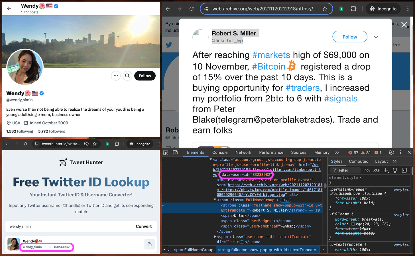 screenshots of current account ID lookups and wayback machine archives showing that the X account currently named @wendy_simin was previously named @tinkerbell_lyp