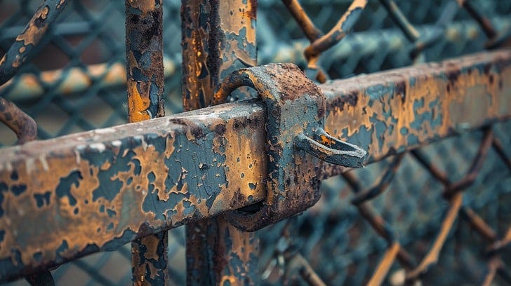 This photograph captures a close-up shot of an aged metal gate, which is showing signs of wear and degradation over years of exposure to the elements. The intricate details of chipped blue paint and underlying rust offer a peek into the gate's long history, standing as a testament to the relentless forces of nature and time. The depth of texture and the vivid contrast between the blues and oranges highlight the patina that only years of weathering can create.