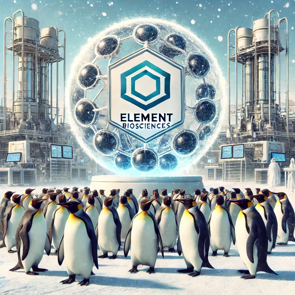 A creative depiction of Element Biosciences' logo or branding integrated with a group of penguins in a snowy scientific research setting. The penguins are gathered around futuristic laboratory equipment, symbolizing advanced biotechnology. The scene is bright, with a clear sky and a sense of innovation and collaboration.