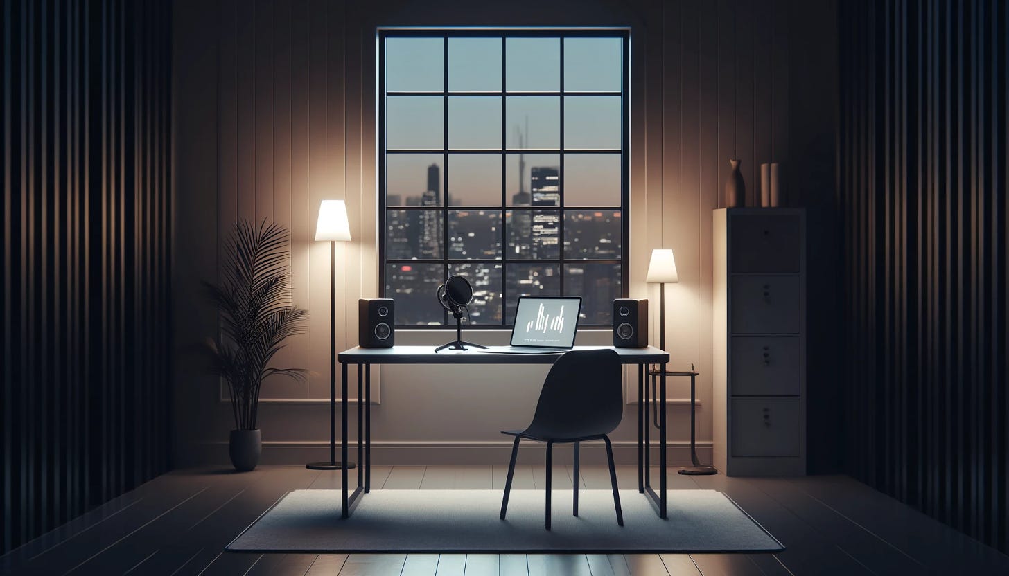 A minimalistic and sophisticated 16:9 image capturing the essence of someone contemplating starting a podcast. The setting is a cozy, softly lit room with a small desk, a microphone, and a laptop. A window in the background shows a view of a cityscape at twilight. The room should have a feeling of solitude and reflection, with a single chair by the desk, suggesting a place for introspective thought. The overall mood is calm and contemplative, with muted colors and simple, clean lines.