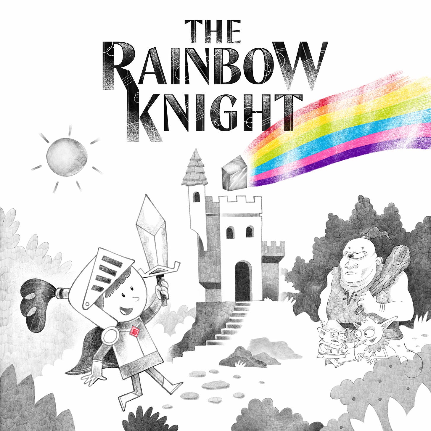 A knight about to fight an ogre, with a rainbow across the top