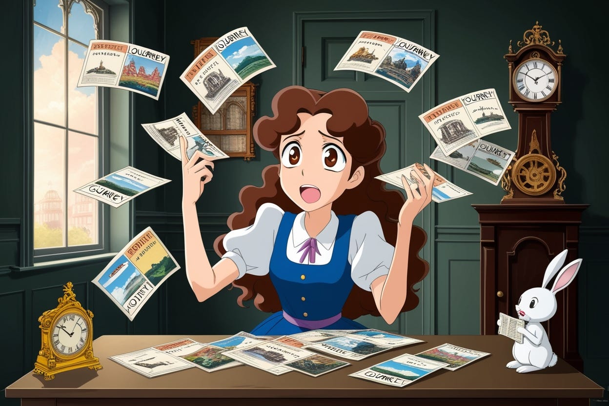 anime movie scene. Patri juggling multiple journey pamphlets, with overwhelmed expression, long curly hair with brown beautiful princess eyes. Patri has many doubts. She is in her house deciding which journey to do to became a wonder lead. Broken Victorian Clock attracts eye. Masterpiece. (cinematic keyframe:1.5), a thrilling movie scene , white rabbit eats one pamphlet on the table, hints of Victorian or Alice in Wonderland undertones. studios ghibli style. The composition exudes a cinematic, film-noir feel, with shallow depth of field, bokeh, and vignette effects. anime, studios ghibli style.