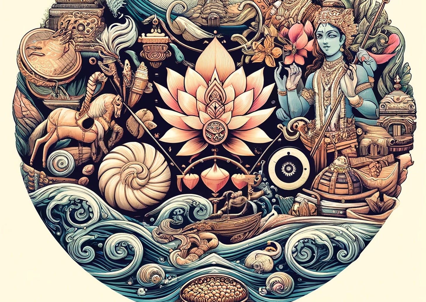 An image depicting themes from Indian philosophy and literature surrounding a lotus flower.