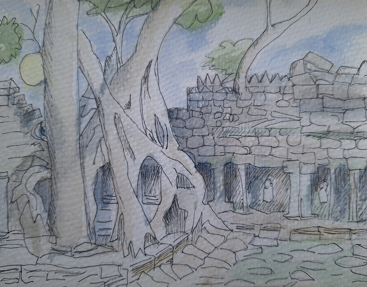 Pen and ink sketch with watercolour, of Preah Khan temple, Angkor, Cambodia.  A huge tree dominates the foreground, entwined with the stone temple ruins.  Behind are shadowy collonades with aspara figures beneath crumbling walls.