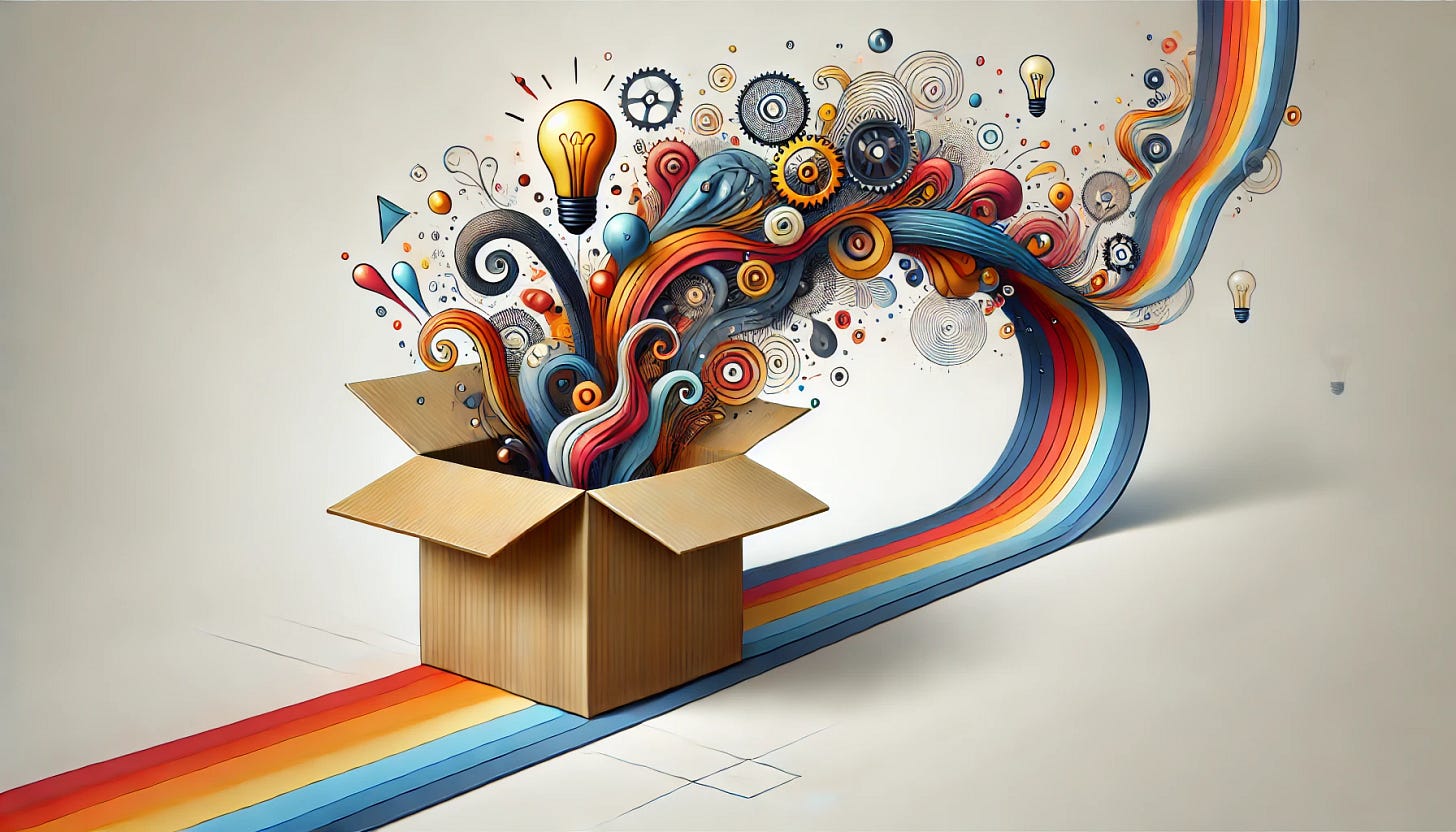 A creative and conceptual illustration representing 'thinking outside the box,' with a longer horizontal composition. The image features a large, open cardboard box on one side of the frame, with colorful, abstract ideas like lightbulbs, gears, and flowing shapes dynamically emerging and stretching across the elongated horizontal space. The background transitions from white to light gray, emphasizing the vibrant colors of the ideas. The style is modern and sleek, using a mix of 3D and flat design elements to symbolize creativity and innovation. The overall tone is inspiring and thought-provoking, focusing on the expansive nature of unconventional thinking.