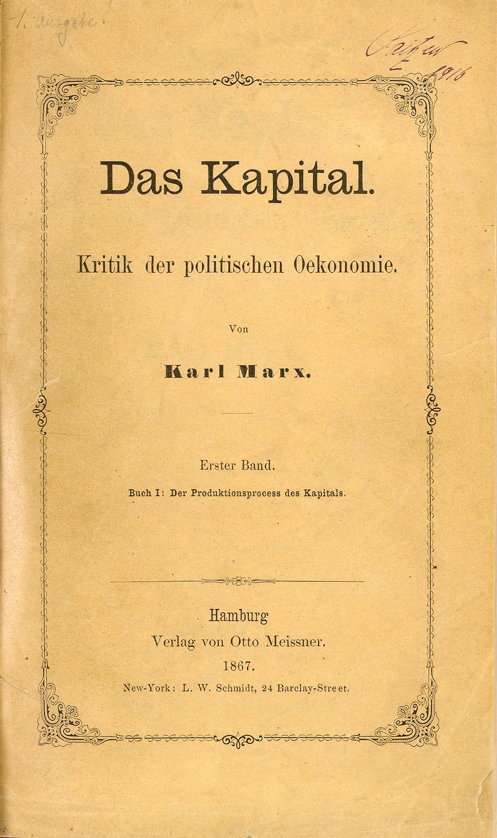 First edition title page of Volume I (1867). Volume II and Volume III were published in 1885 and 1894, respectively. Zentralbibliothek Zürich project, Public Domain