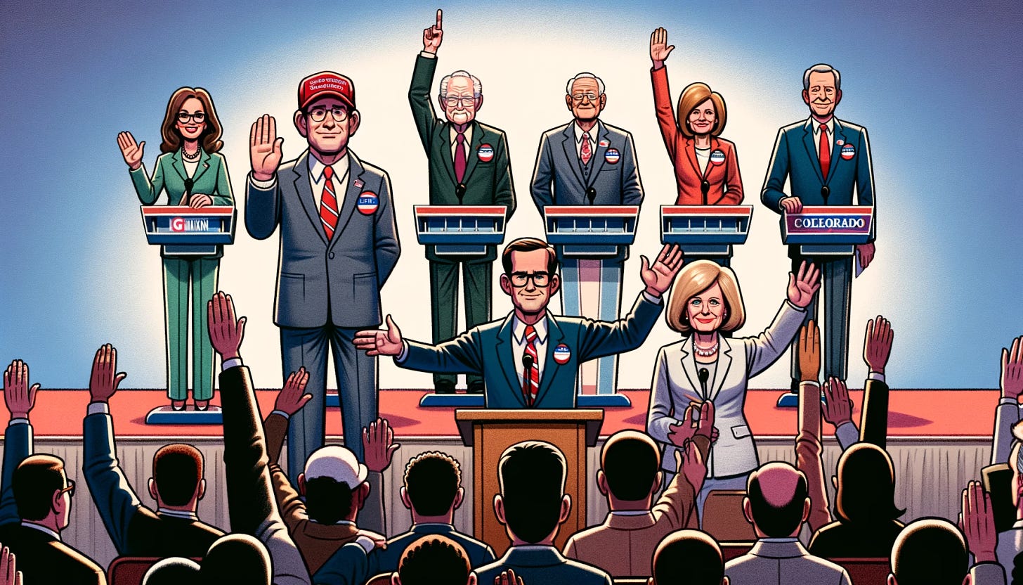 Create a political cartoon depicting a Republican primary debate in Colorado. On stage, there are nine people: 
1. A white brunette woman in her mid-30s with glasses, raising her hand.
2. A white man wearing a blue suit jacket, red tie, and red baseball hat, raising his hand.
3. A white redheaded woman with glasses, wearing a red blazer, not raising her hand.
4. A white man in his late 40s in a green suit jacket, raising his hand.
5. A white man in his early 40s with glasses, wearing a dark blue suit jacket and a pink dress shirt, raising his hand.
6. An older white man with grey hair and glasses, wearing a grey suit jacket, black dress shirt, and red tie, raising his hand.
7. A bald white man in his late 40s in a suit, not raising his hand.
8. An Asian man in his early 40s wearing a blue suit jacket, white dress shirt, and tie, not raising his hand.
9. A grey-haired bearded white man in his early 50s wearing a grey suit jacket and a bolo tie, holding up a peace sign with two fingers in the air.
The setting is a stage with American flags and campaign signs, with a crowd watching the event in a barn-like venue with a mountainous Colorado backdrop.