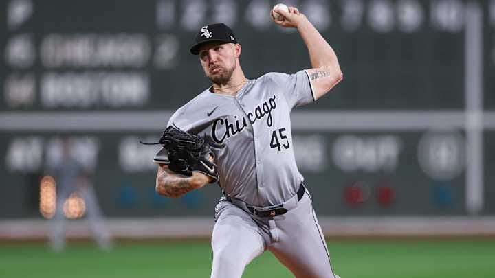 Sep 7, 2024; Boston, Massachusetts, USA; Chicago White Sox starting pitcher Garrett Crochet (45) throws a pitch during the first inning against the Boston Red Sox at Fenway Park. Mandatory Credit: Paul Rutherford-Imagn Images