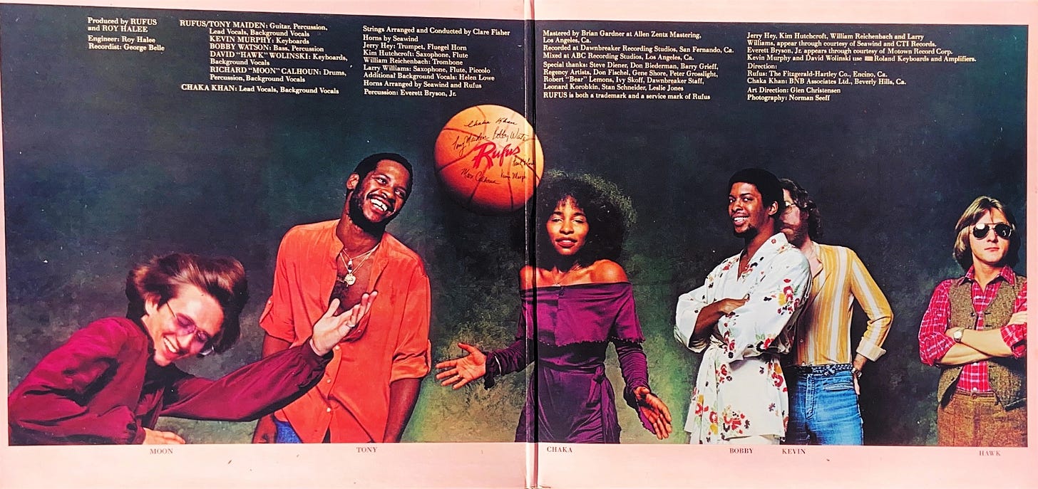 the gatefold image/liner notes from Street Player, featuring the six members of the band playfully posing for the camera. one member throws a basketball at the far left, another smiles while looking to the right, Chaka Khan is front and center. on her right, a bandmate hides behind another, and the last guy on the right stands with his arms folded.