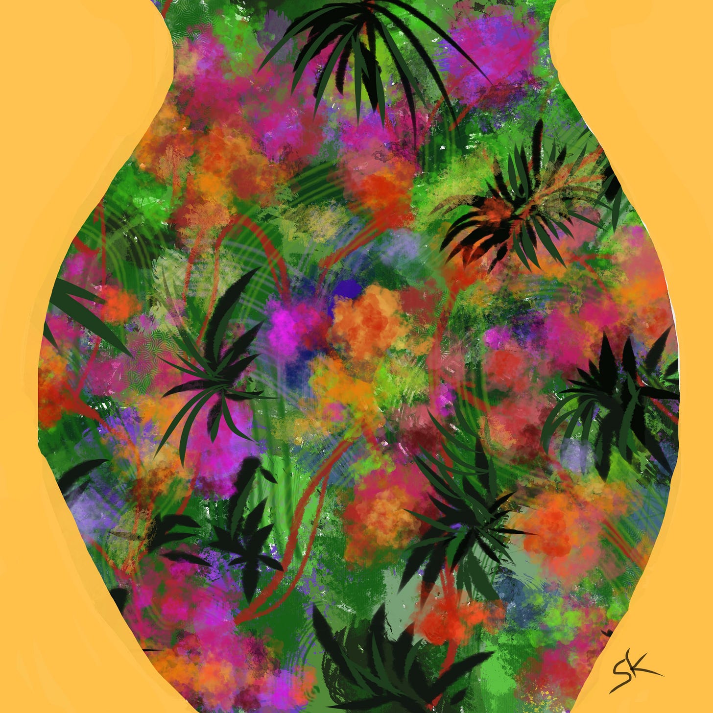 Dense Tropical Floral by Sherry Killam Arts suggesting a feminine vase of pinks, gold, orange, greens